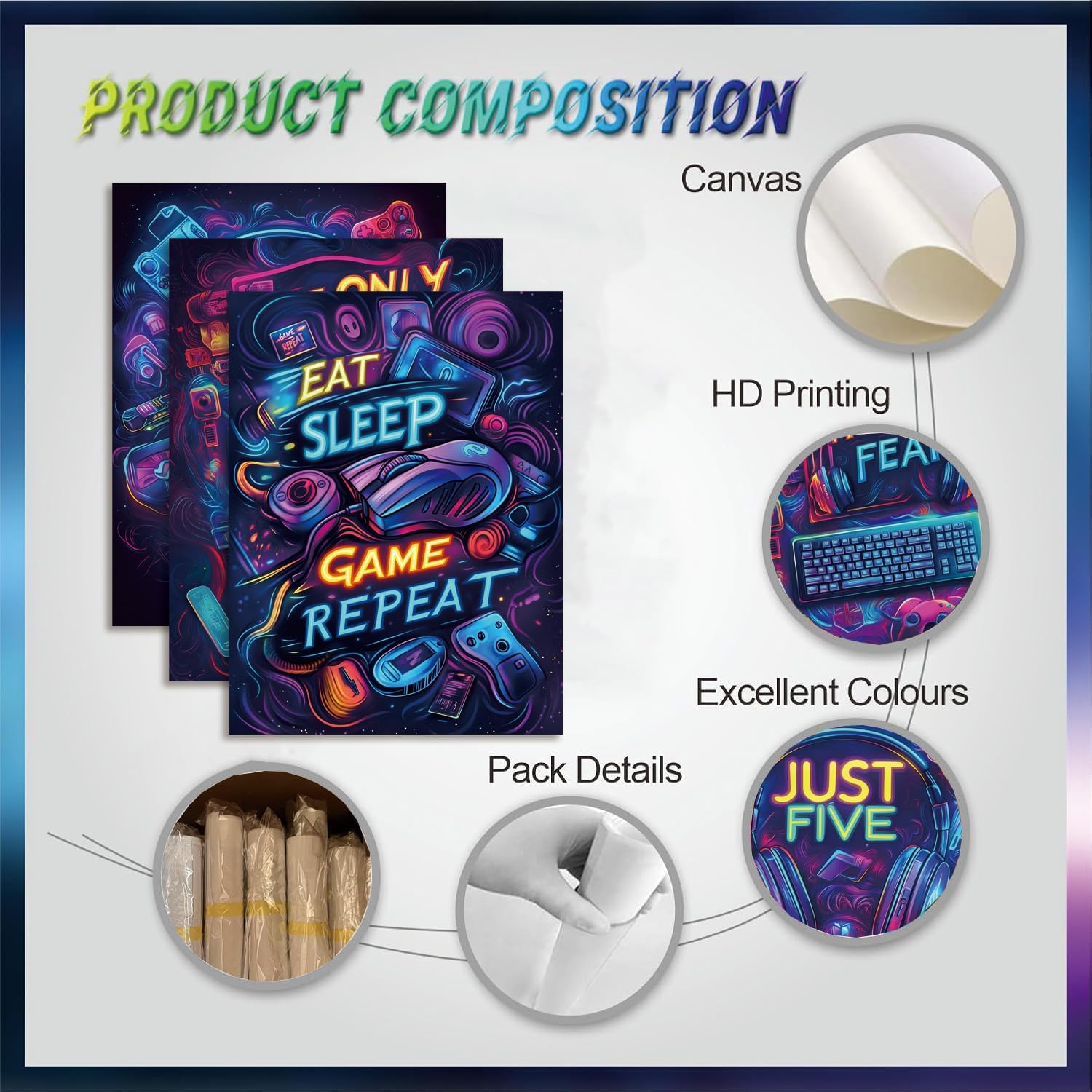 Yolbcdr Neon Gaming Posters Video Game Wall Art Prints Set of 3 Game Room Decor Gaming Sign Painting Playroom Cool Pictures Gamer Wall Decor for Boy Teen Men Bedroom Bathroom 12x16in Unframed - Image 7