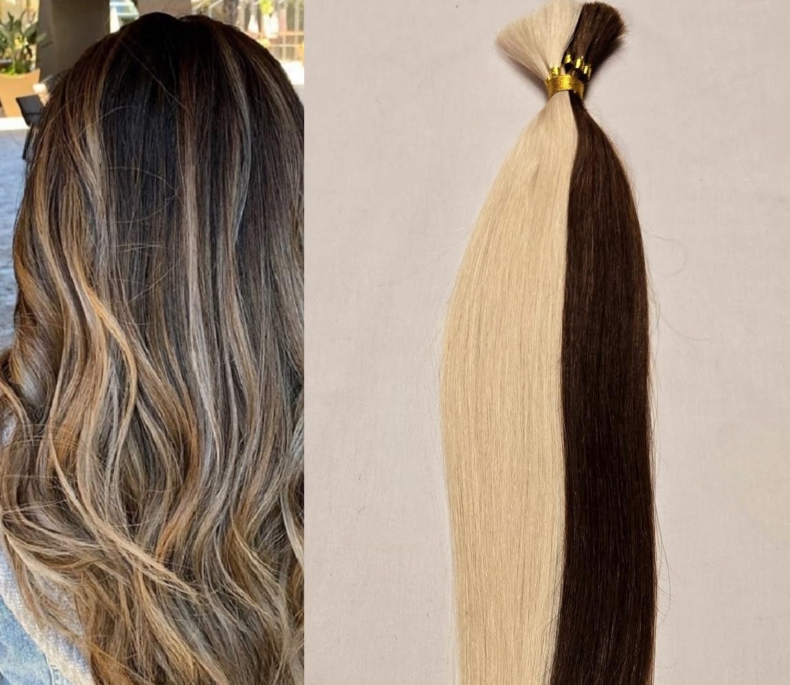 Hair Faux You 20" 100 grams, Double Drawn,10 Bundles,100% Human V-light Bulk Hair Extensions (Loose Hair) #4/613 Dark Brown Mixed With Platinum Blonde