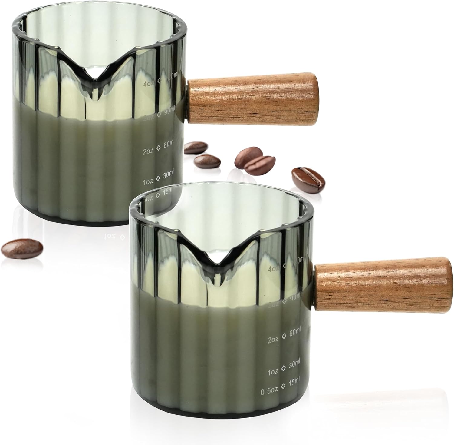 Espresso Cups Set of 2, 4 OZ Espresso Shot Glass Demitasse Cups with Handle V-Shaped Mouth, Ribbed Milk Frothing Pitcher, Glass Measuring Cup,Cappuccino Cup, Coffee Bar Accessories (Gray)