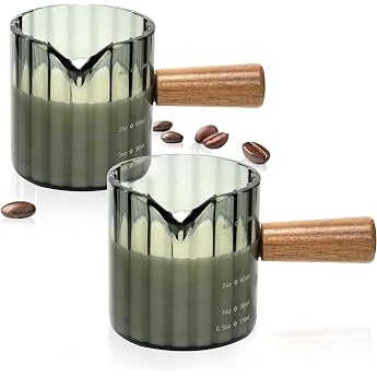 Espresso Cups Set of 2 4 oz Espresso Glasses with Wooden Handle V Shaped Pourer Cups Ribbed Milk Frothing Jug Glass Measuring Cup Coffee Espresso Accessories Demitasse Cups Small Grey