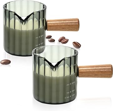 Espresso Cups Set of 2, 4 OZ Espresso Shot Glasses with Wood Handle, Gray | V-Shaped Spouts, Ribbed Milk Frothing Pitcher, Small Glass Measuring Cup, Demitasse Cups, Coffee Espresso Accessories