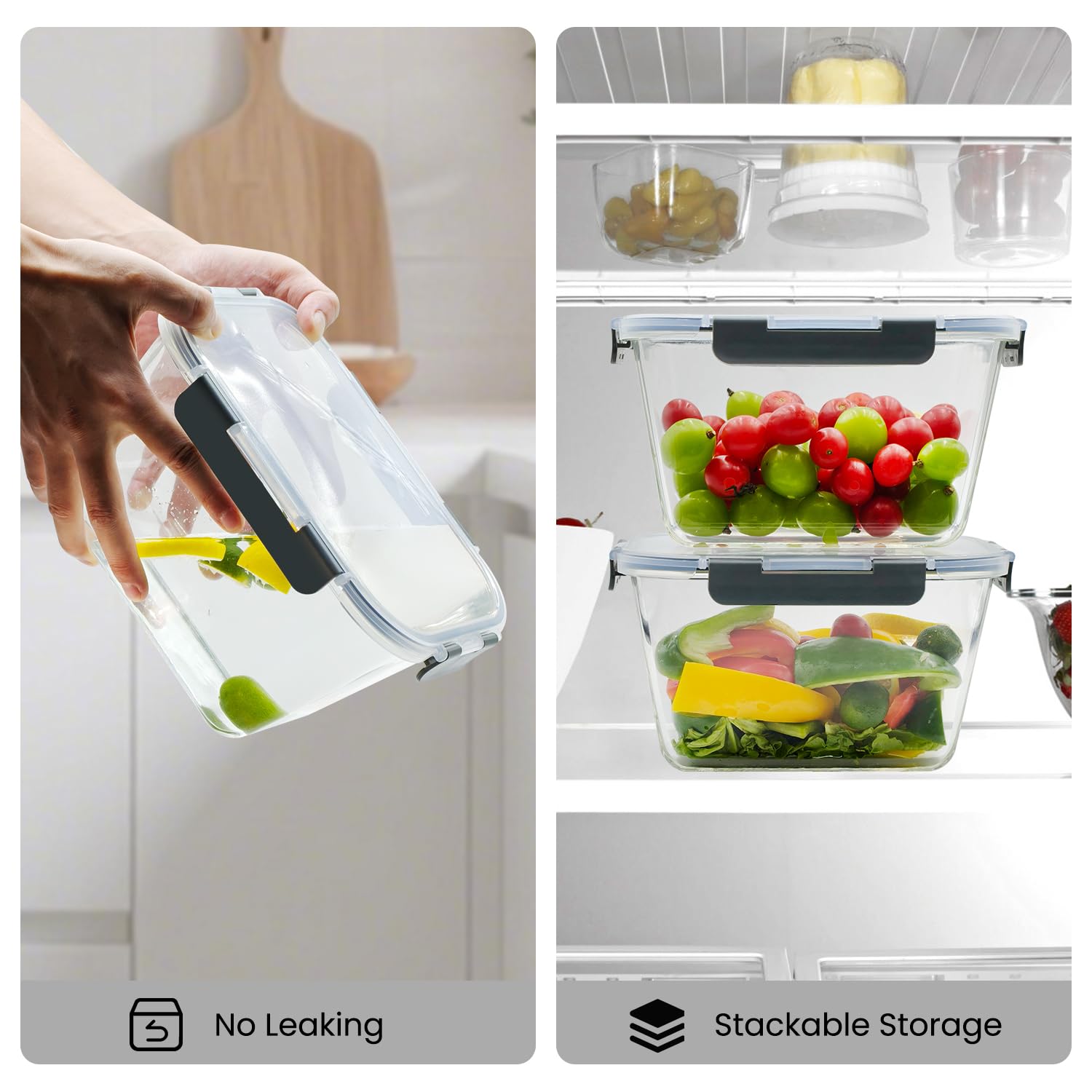 Große Vorratsdosen aus Glas mit Deckel, 2,5 l, luftdicht, für Drehspieß, Huhn, Wassermelone, Mahlzeitvorbereitung, BPA-frei, gefriergeeignet, spülmaschinenfest, ofenfest, 2 Stück