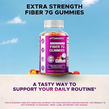Vitamatic Prebiotic Fiber Gummies for Adults 2 Pack (Total 120 Gummies) 7g Fiber per Serving | Extra Strength | Zero Sugar Added | Pectin-Based | Digestive Health & Regularity Support