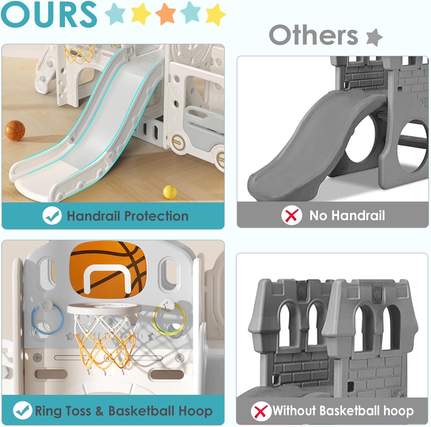 BIERUM 10 in 1 Toddler Slide, Baby Slide for Toddlers Age 1-3 with Ring Toss, Basketball Hoop and Bus Play House, Indoor Outdoor Playset Playground Beige Gray