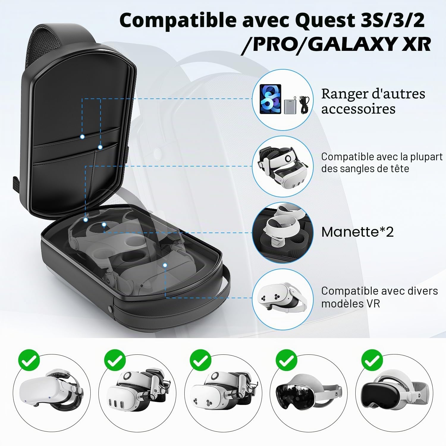 Sac de transport compatible avec Meta Quest 3S/Quest 3/Quest 2/Vision Pro/Pico 4, étui de voyage rigide compatible avec Kiwi Design, Noir , L