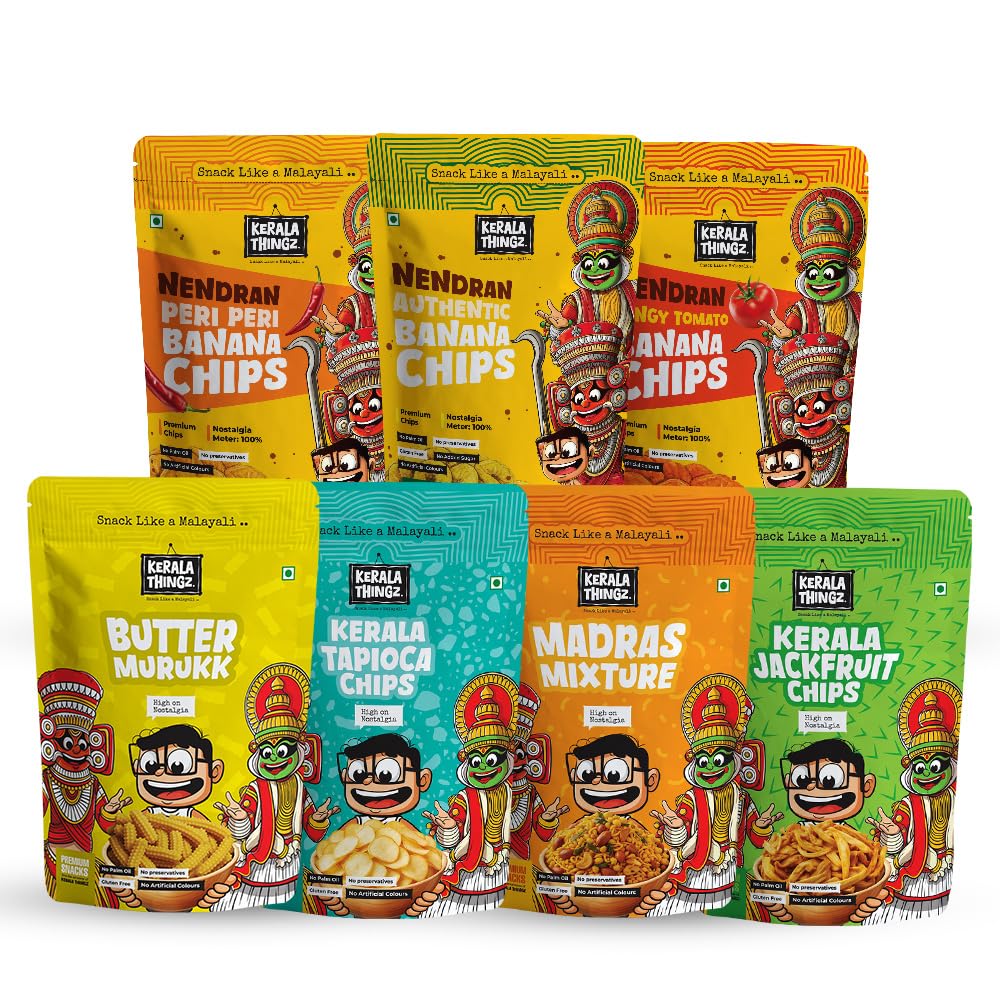 Kerala Thingz Chips Combo 830g | Authentic + Peri Peri + Tangy Tomato (Each 100g Pack) + Tapioca Chips (80g) + Kerala Jackfruit Chips + Madras Mixture + Butter Murukku (Each 150g Pack)