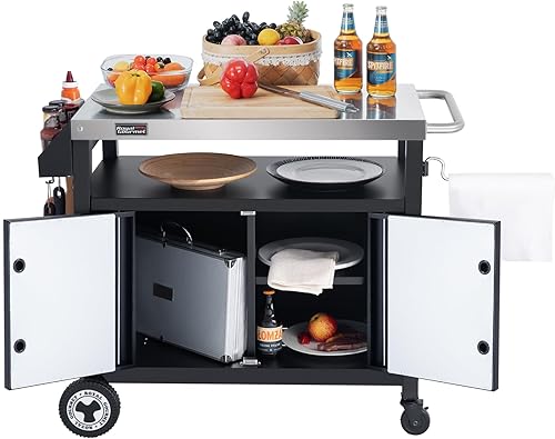 Miniatura 2 de Carro de parrilla al aire libre con ruedas, isla de cocina móvil con gabinete de almacenamiento para barbacoa, mesa de carrito de comedor de acero