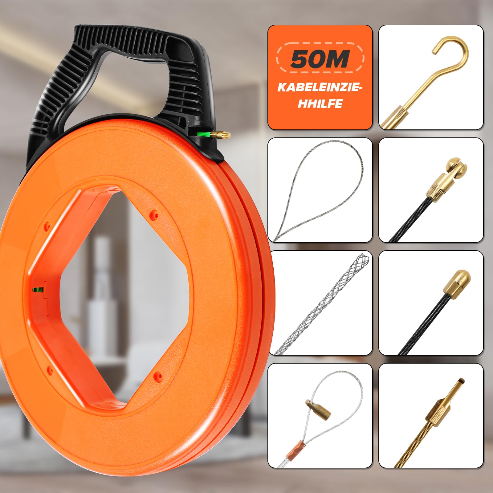 Kabeleinziehband 50 Meter 4,5mm Mit 7 FüHrungs federn Fiberglas Kabel Bandspulen Reel Puller Abziehvorrichtung Glasfaser Kabeleinziehgerät Kabel Werkzeug Elektriker Werkzeuge