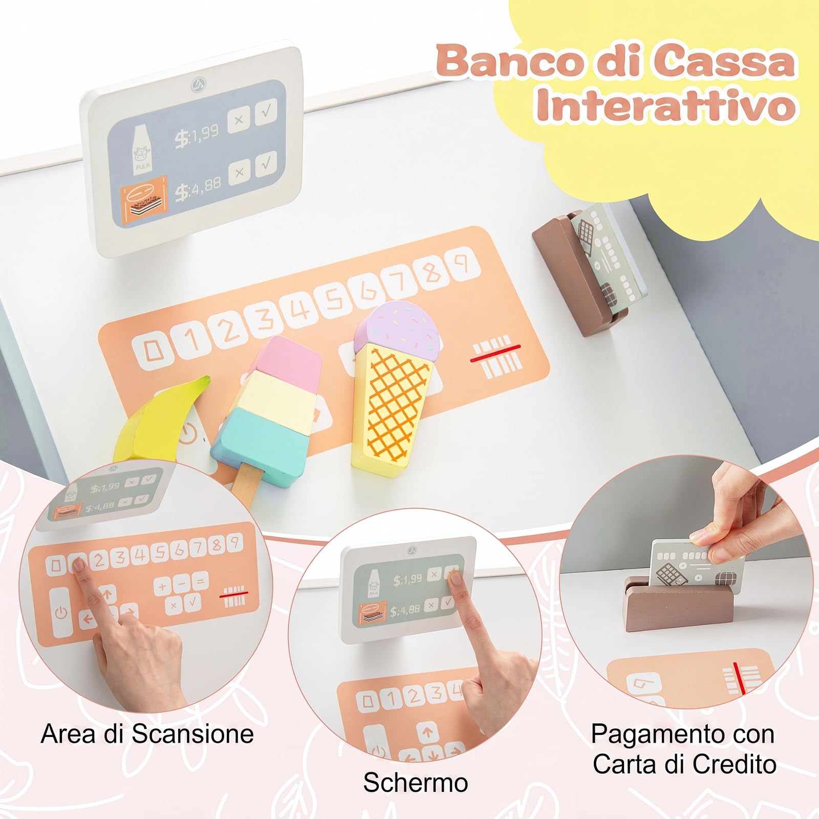COSTWAY Mercato Giocattolo per Bambini, Negozio Giocattolo in Legno (Rosa) | con Cassa, Macchina Caffè e Distributore Automatico, Banco Mercato Giocattolo con Scaffali e 30 Accessori, per Bambini 3+ Ann