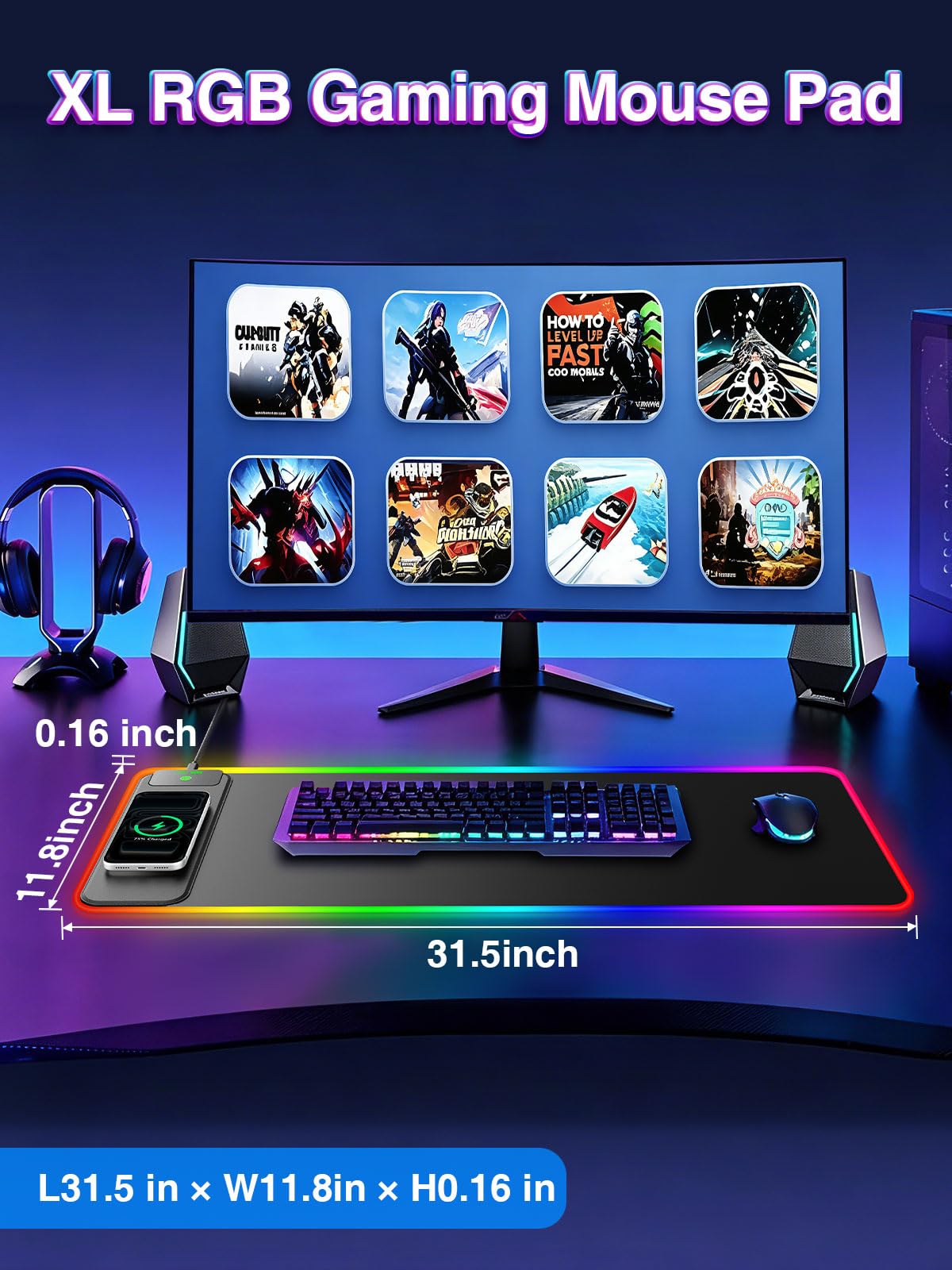 Tappetino per mouse RGB con ricarica wireless magnetica, 80 x 30 cm, grande tappetino da scrivania a LED, 24 effetti di luce, base in gomma antiscivolo, superficie ultra liscia impermeabile