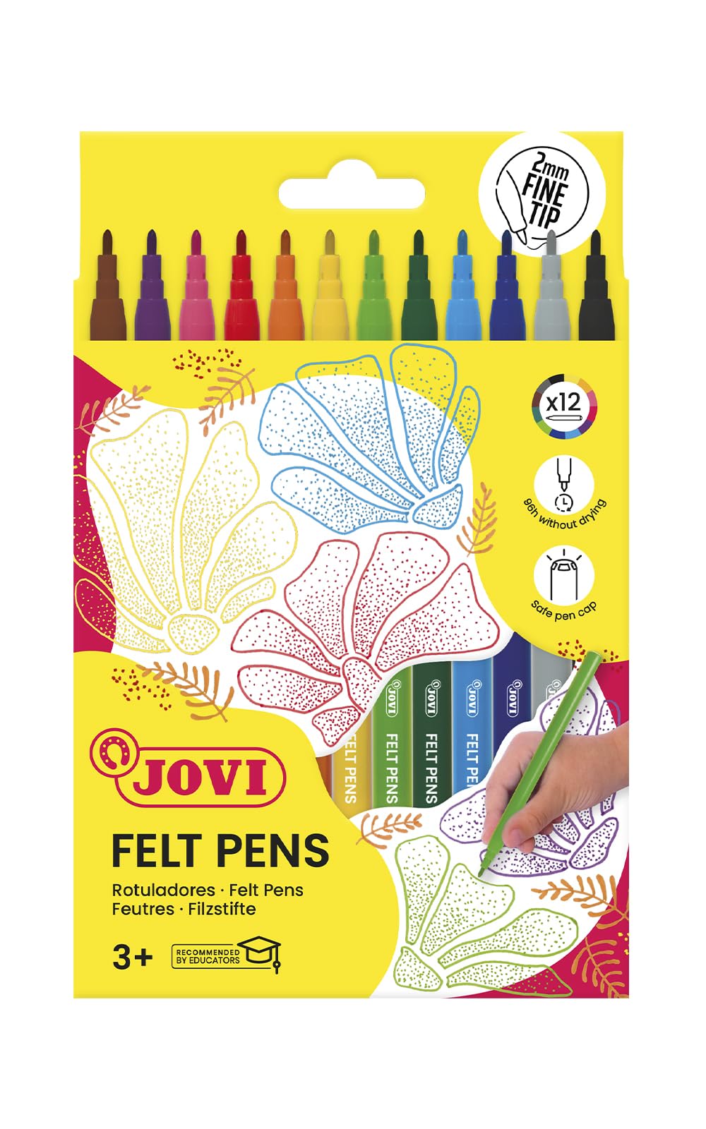 Jovi Rotuladores punta fina 2 mm, estuche 12 colores surtidos, lavables, tinta base agua, para dibujo y uso escolar, aptos para niños y adultos, multicolor