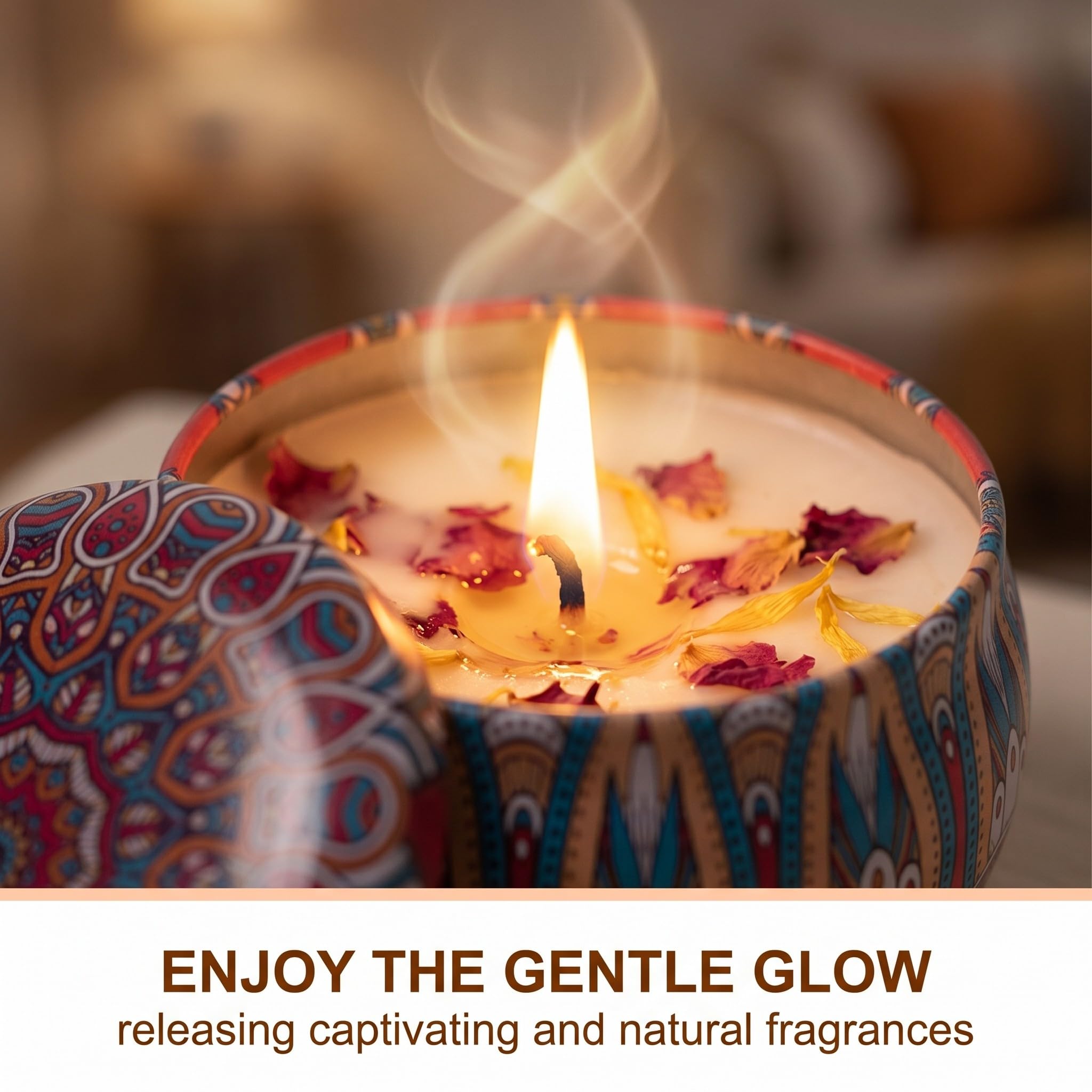 Set 6 Velas Perfumadas de Cera de Soja en Lata con Diseño Mandala, 6 Aromas Diferentes, Duración 15h, para Aromaterapia, Regalo para Mujer, Aniversario