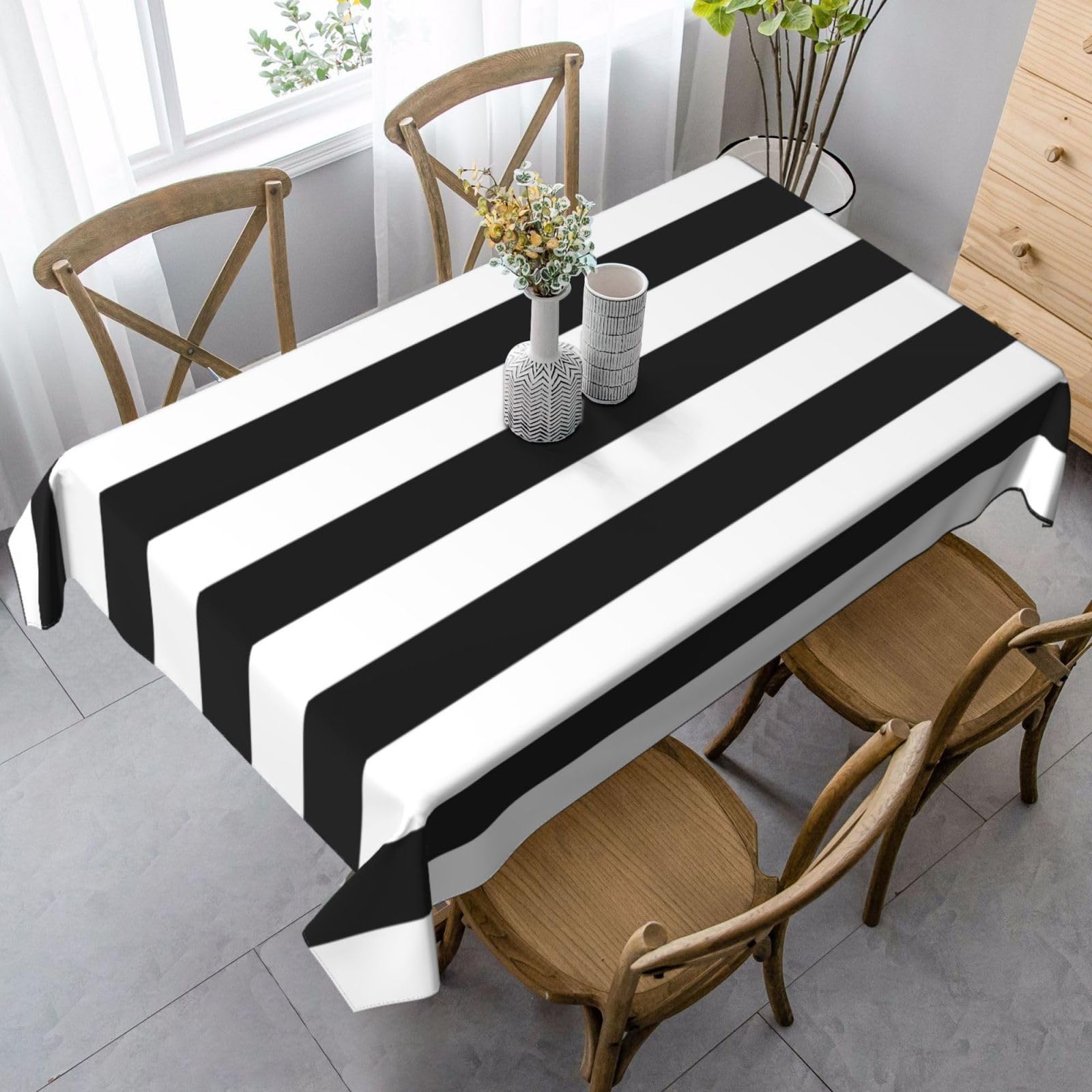 mutakin Black and White Stripe Rectangle Tablecloth Washable Table Cloth 60x90 Inch Table Cover Waterproof for Decoration Kitchen Dining Room