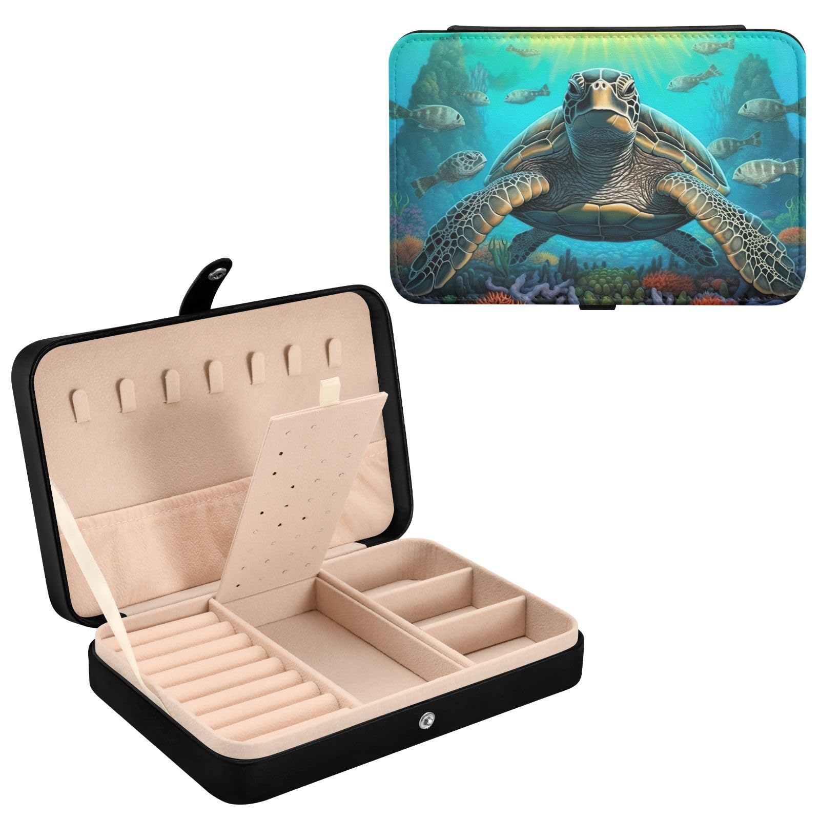 Haskirky Sea Turtle Jewelry Box Portable PU Leather Travel Jewelry Organize for Women Jewelry Storage Display Holder for Ring, Necklace, Earring