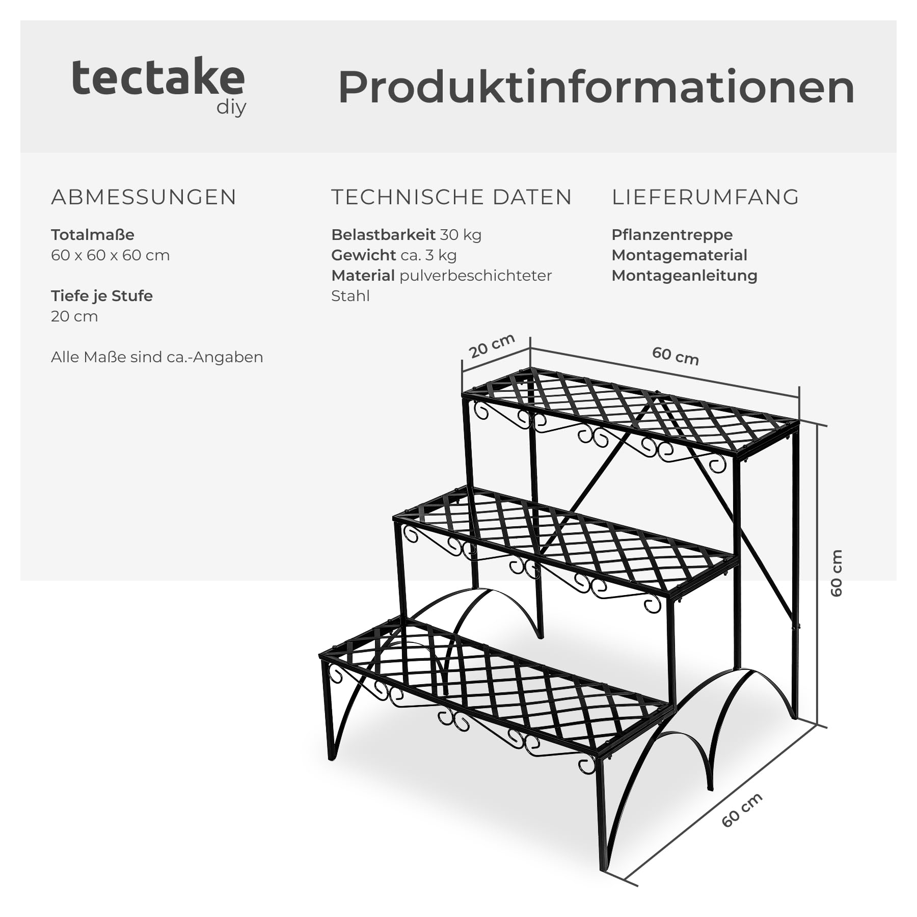 tectake® Pflanzentreppe, Blumenständer Metall, Blumenbank, Blumentreppe mit 3 Stufen, Pflanzenregal, Pflanzenregal outdoor, Blumenregal, Blumenhocker