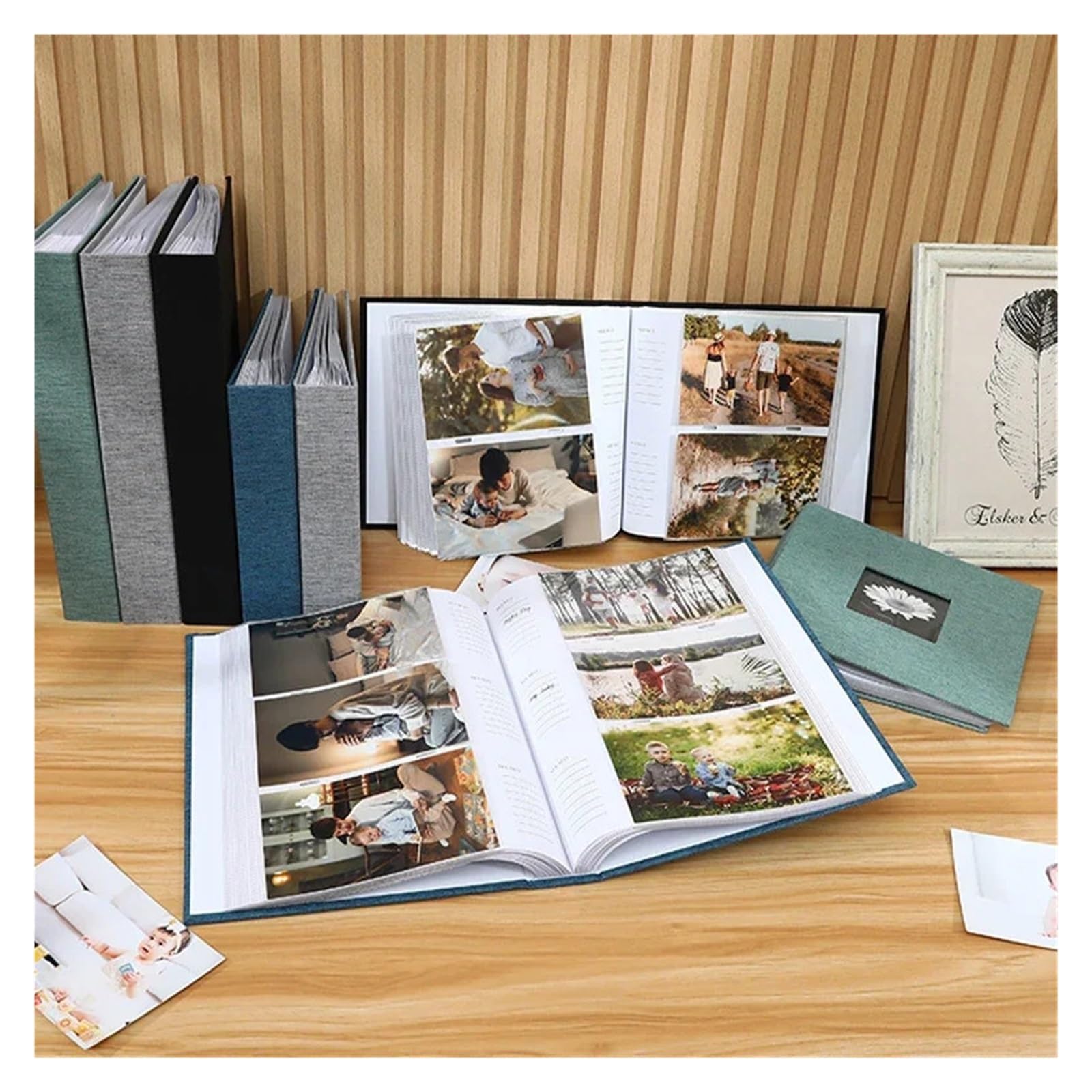 Álbum de fotos de lino de 6 pulgadas con hojas intercaladas, 200 a 300 imágenes, colección de crecimiento infantil, recuerdos grabables, retrato familiar(Black-300pcs)