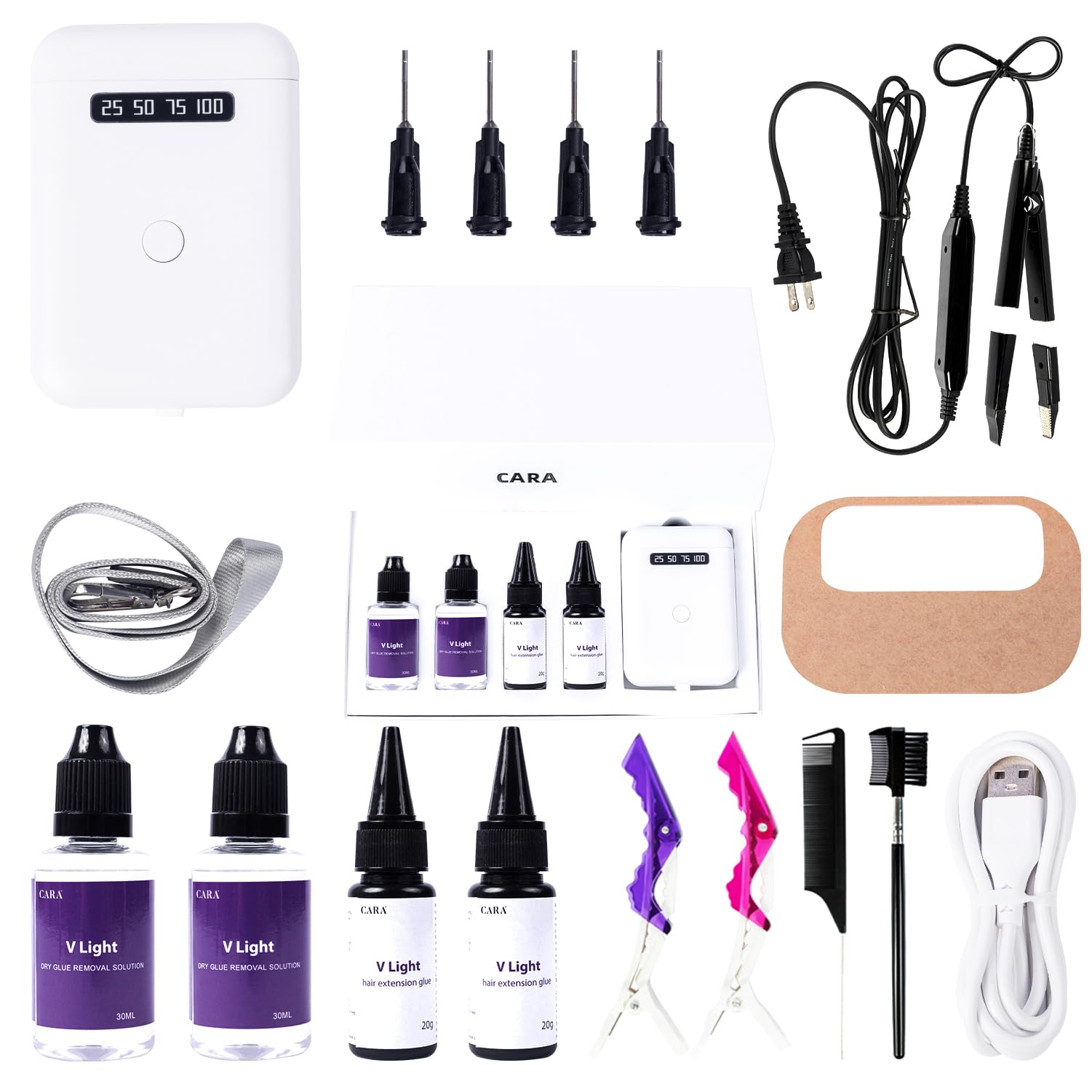 V Light Hair Extensions Kit Mini V Light Hair Extension Set With V Light Lamp*1 V light glue*2 Hair Extensions Remover*2 VLight Remover Machine*1 comb