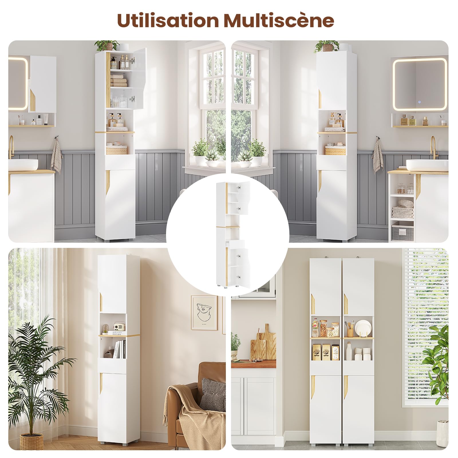 Meuble Colonne Salle de Bain, Meuble de Rangement avec Étagères Réglables, Tiroir, 2 Étagères Ouvertes, Armoire Rangement Haute Gain de Place,Armoire de Salle de Bain, 30 x 30 x 180 cm, Blanc