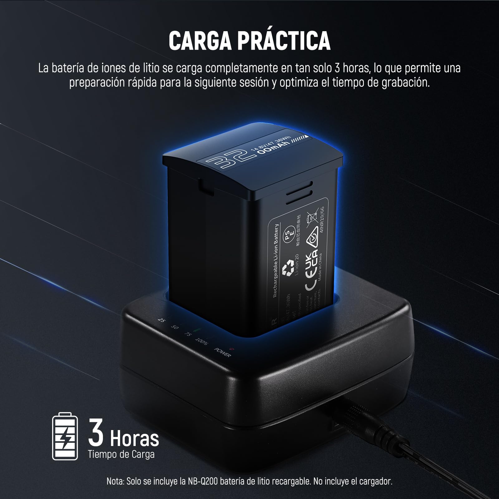 NEEWER Q200 Batería Rpuesto, Paquete de 14,8V/3200mAh Batería Iones Litio Recargable Solamente Q200 Luz Estroboscópica Flash Exterior para Fotografía Exterior, NB-Q200
