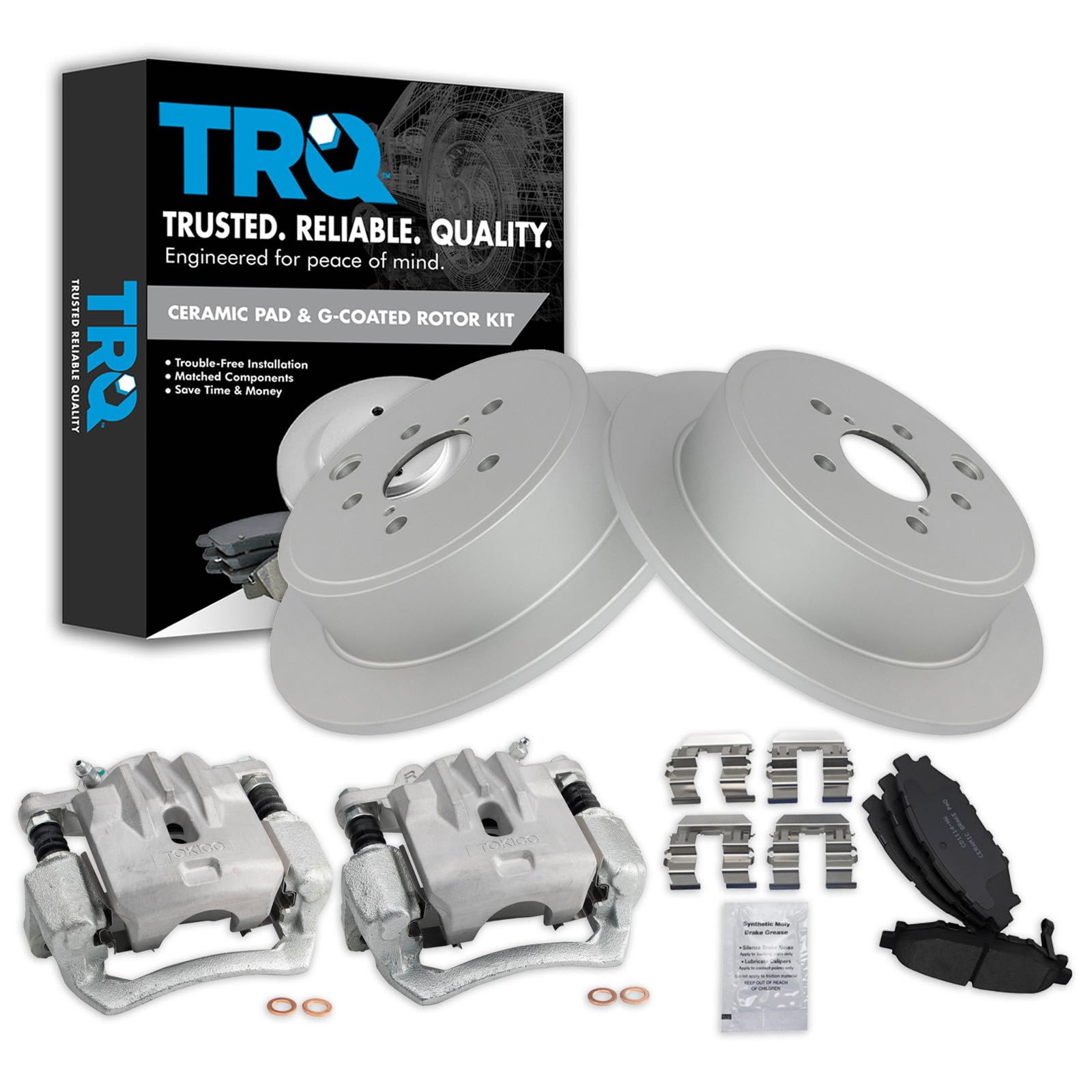 TRQ Rear Ceramic Brake Pad and Rotor Set Includes Calipers Coated