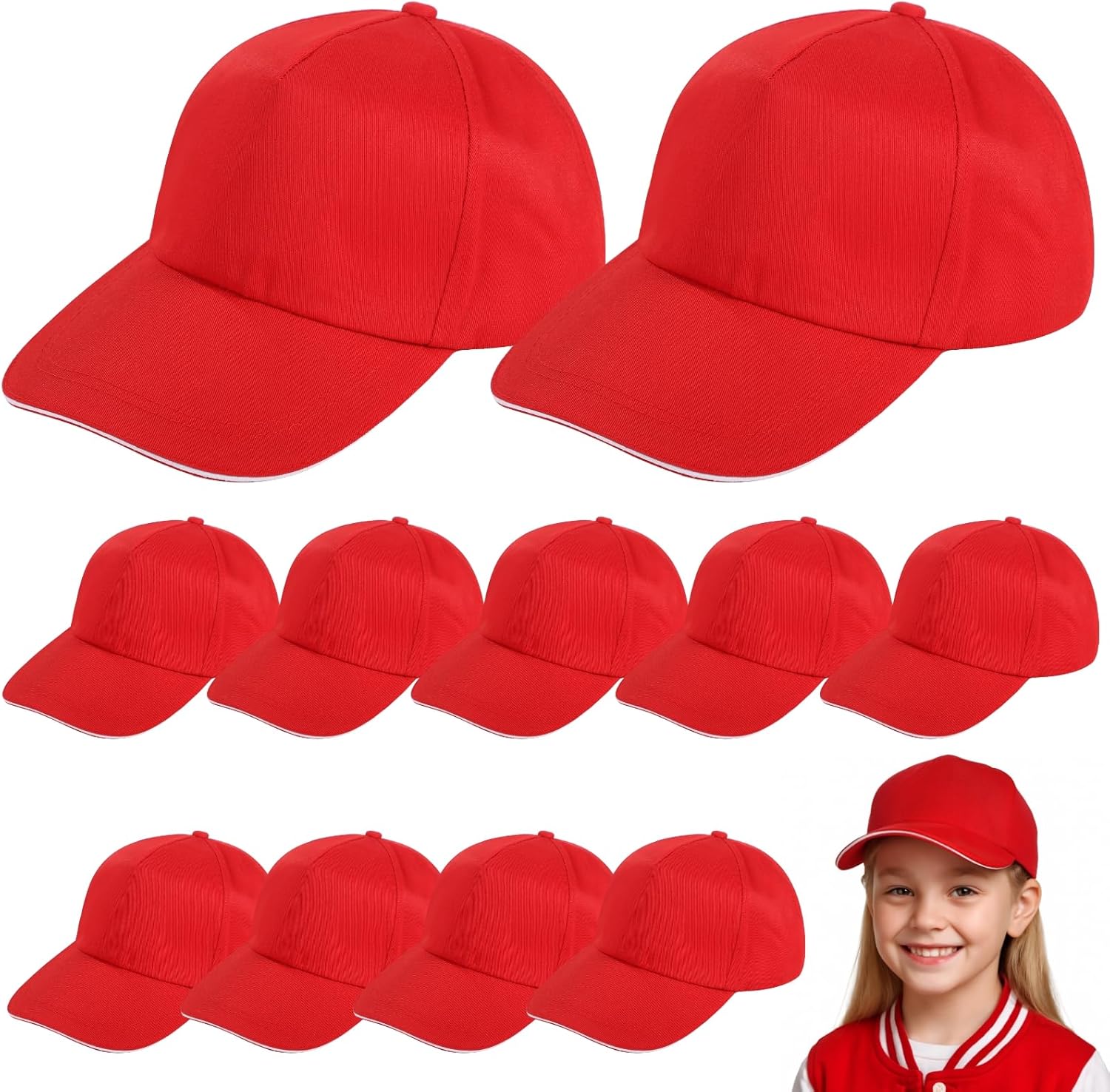 12 PCS Red Baseball Caps for Youth, Cotton Blank Hats with Metal Buckle, Bulk DIY Baseball Hat Set for Little Ones’ Sports Teams, Outdoor Activities, DIY Embroidery, 18.9–22.0 in Adjustable