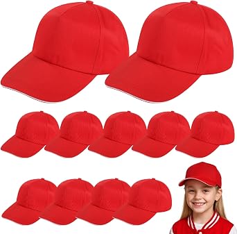 12 PCS Red Baseball Caps for Youth, Cotton Blank Hats with Metal Buckle, Bulk DIY Baseball Hat Set for Little Ones Sports Teams, Outdoor Activities, DIY Embroidery, 18.922.0 in Adjustable