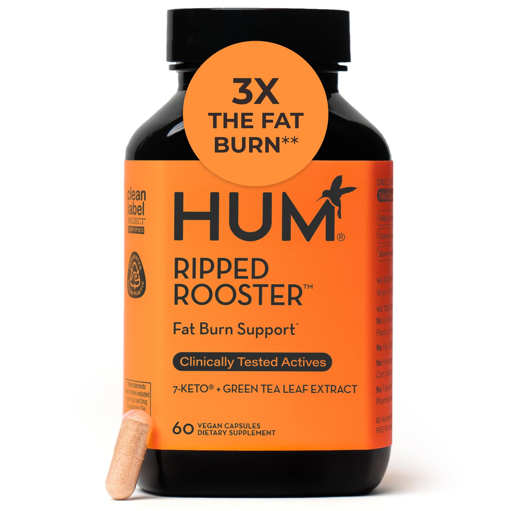 HUM Ripped Rooster Natural Green Tea Extract Capsules with Chromium, 7 Keto DHEA, Gluten Free Vegan Green Tea Supplement to Support Cravings, Healthy Diet & Management, 60 Count