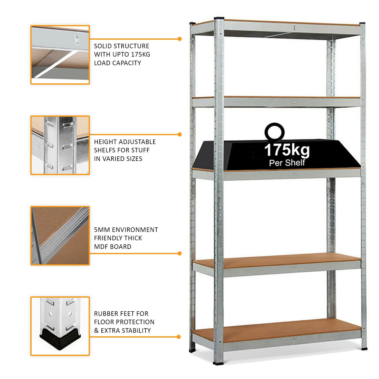 Scaffalature autoportanti in metallo, altezza e piano regolabili fino a 175 kg per scaffale, in acciaio, per officina, libreria, capannone, ufficio, scaffalature pesanti (180 x 90 x 40 cm, zincate)