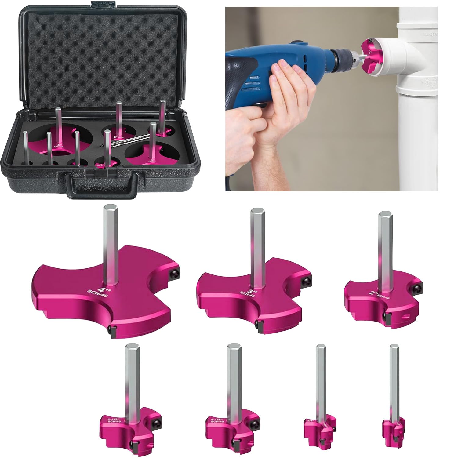 7Pcs Triple Blade PVC Pipe Reamer Kit 3 Blades Pipe Fitting Saver Tool for Plumbing with Triple Blade 1/4 Inch Hex Shaft for PVC SCH40 ABS CPVC (3/4" 1" 1-1/4" 1-1/2" 2" 3" 4") Plastic Fitting Reamer