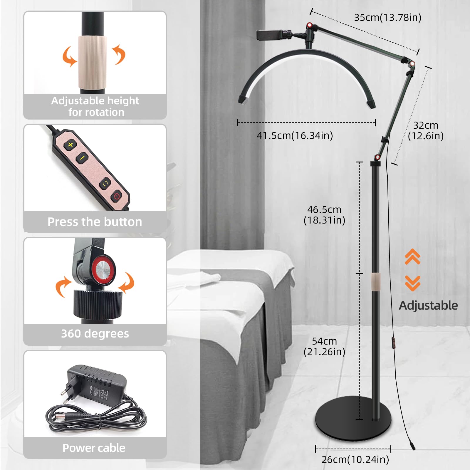 Wimpern LED Bodenleuchte，Stehlampe für wimpernverlängerung,wimpern lampe mit Telefonständer，Drehbar 360° Halbmond Beauty Lichter Stehlampe，3000K-6000K，für Tätowierer und Kosmetikerinnen.