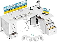 Coleshome 55" L-Shaped Corner Desk with 6 Drawers, Power Outlet & Reversible Shelf - White Home Office Gaming Desk