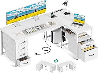 Coleshome L Shaped Computer Desk with 6 Drawers & Power Outlet, 55 Inch ...