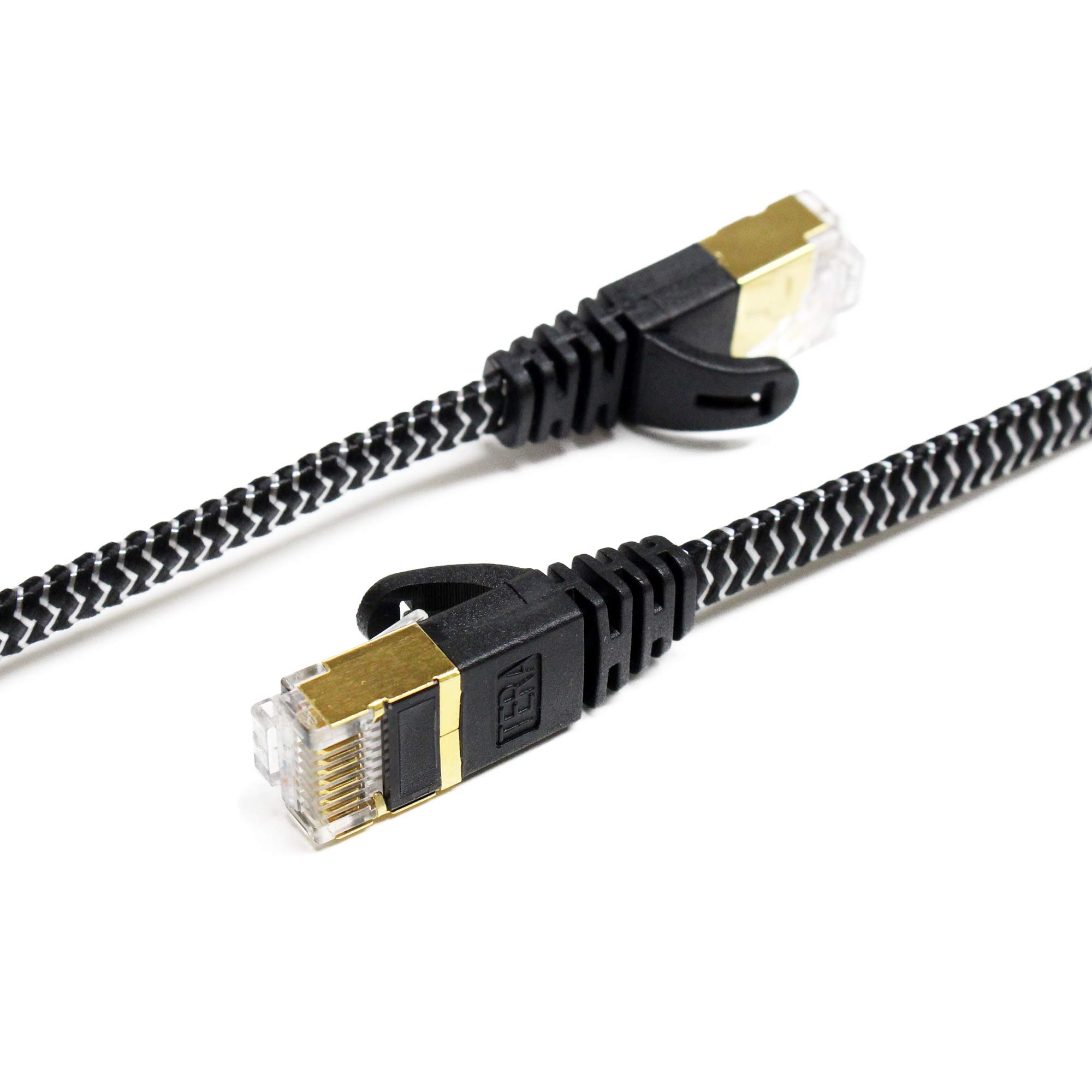 Tera Grand - Câble de raccordement ultra plat Ethernet CAT7 10 Gigabit pour modem, routeur, réseau LAN, gaine tressée, connecteurs RJ45 blindés plaqués or, plus rapide que CAT6a CAT6 CAT5e, noir et