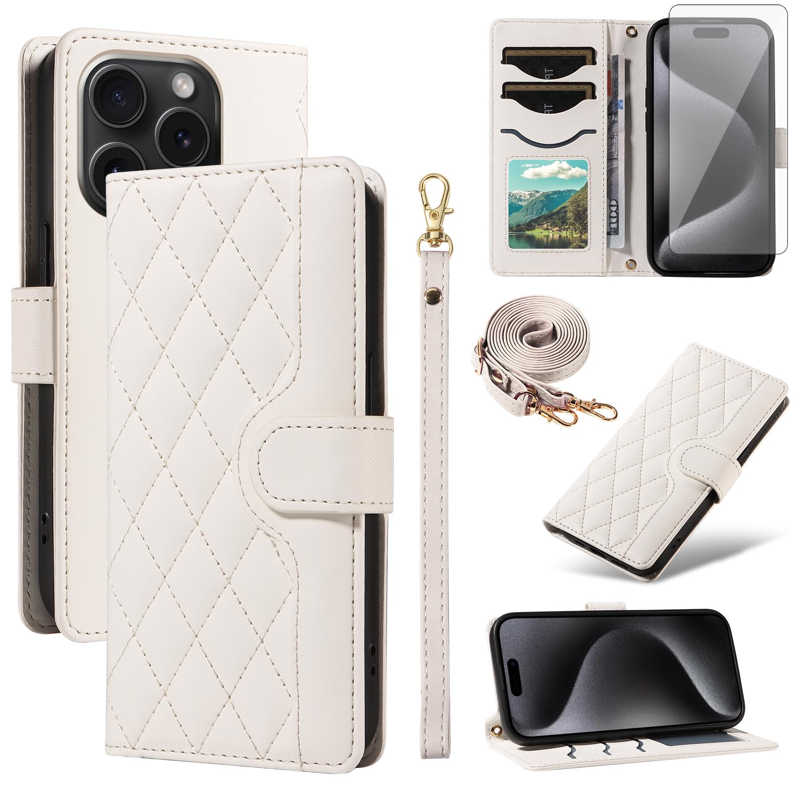 Asuwish Phone Case for iPhone 15 Pro 6.1 inch Wallet Cover with Tempered Glass Screen Protector and Wrist Strap Lanyard Card Holder Slot Stand Flip