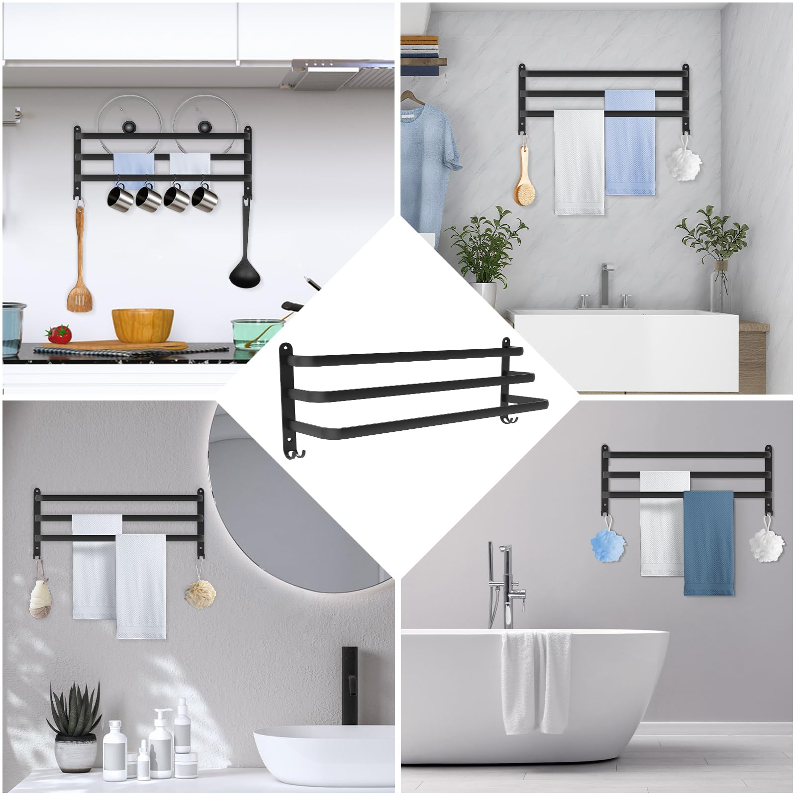 Handdoekenrek Zwart 80cm, Handdoekenrek Zonder Boren, Aluminium Handdoekrek Wandmontage 3-Laags Handdoekrail met Haken, Handdoekenrek Bad Keuken Badkamer Accessoires