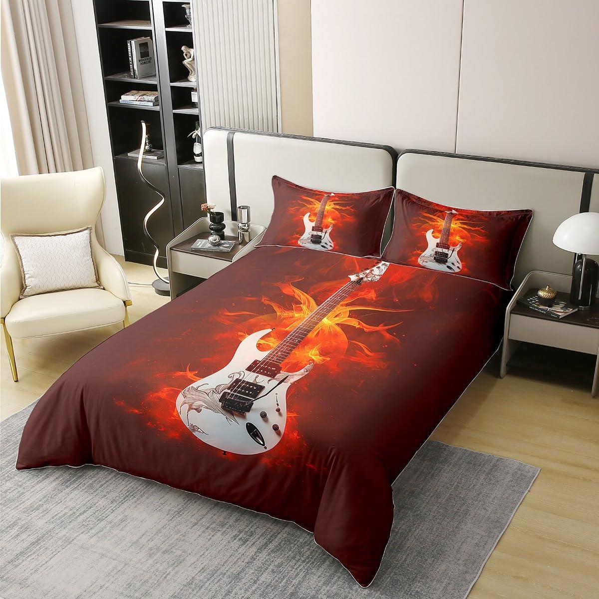 Set di biancheria da letto in 100% cotone con motivo chitarra elettrica 3D, per ragazzi e ragazzi, motivo musica hip hop, in morbida microfibra, decorazione per camera da letto