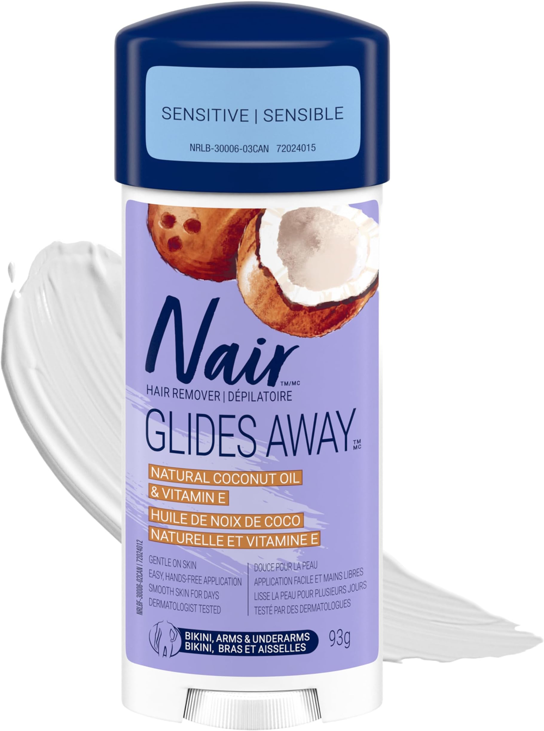 Sensitive Formula Glide On Hair Removal Cream, 3.3 Oz | Sensitive Formula, Leg & Underarms Hair Removal, Hands-Free Applicator, Dermatologist-Tested, Coconut Oil & Vitamin E