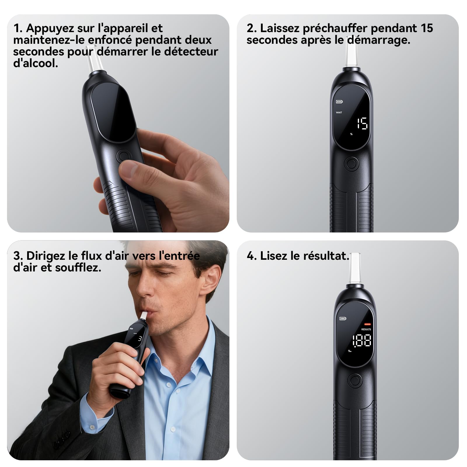 ZBK Éthylotest Professionnel - Testeur d'alcoolémie Personnel Haute précision, avec capteur Intelligent et écran rétroéclairé, analyseur d'haleine Portable