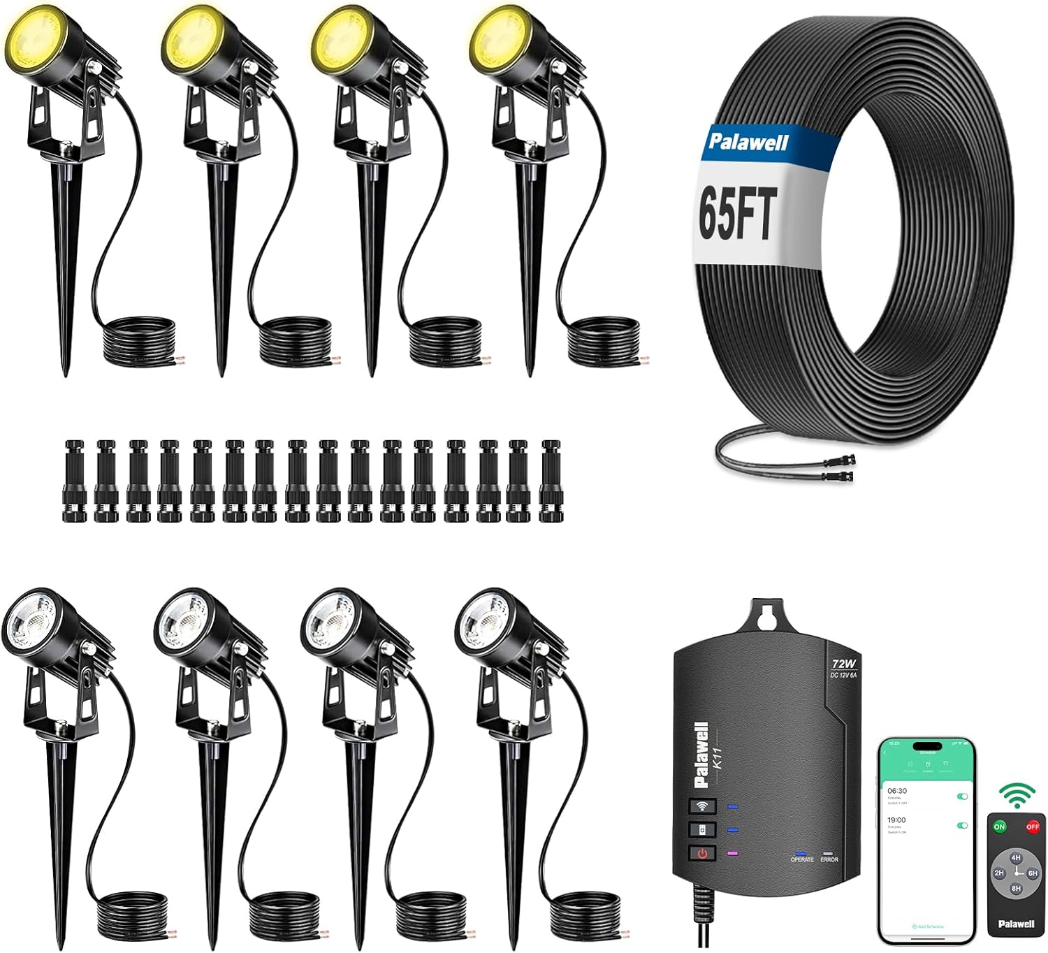8-Pack Low Voltage Landscape Lighting Kit with WiFi 72W Transformer, 3W LED Spotlights with 65ft Cable, App and Voice Control, 3000K Warm White, 12-24V, IP65 Outdoor Pathway Uplights