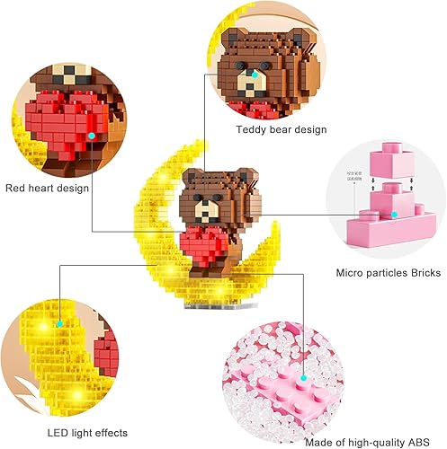 Miniatura 4 de FEENEEX Kit de construcción de oso de peluche de San Valentín, juego de bloques de construcción de corazón y luna de San Valentín, regalos de