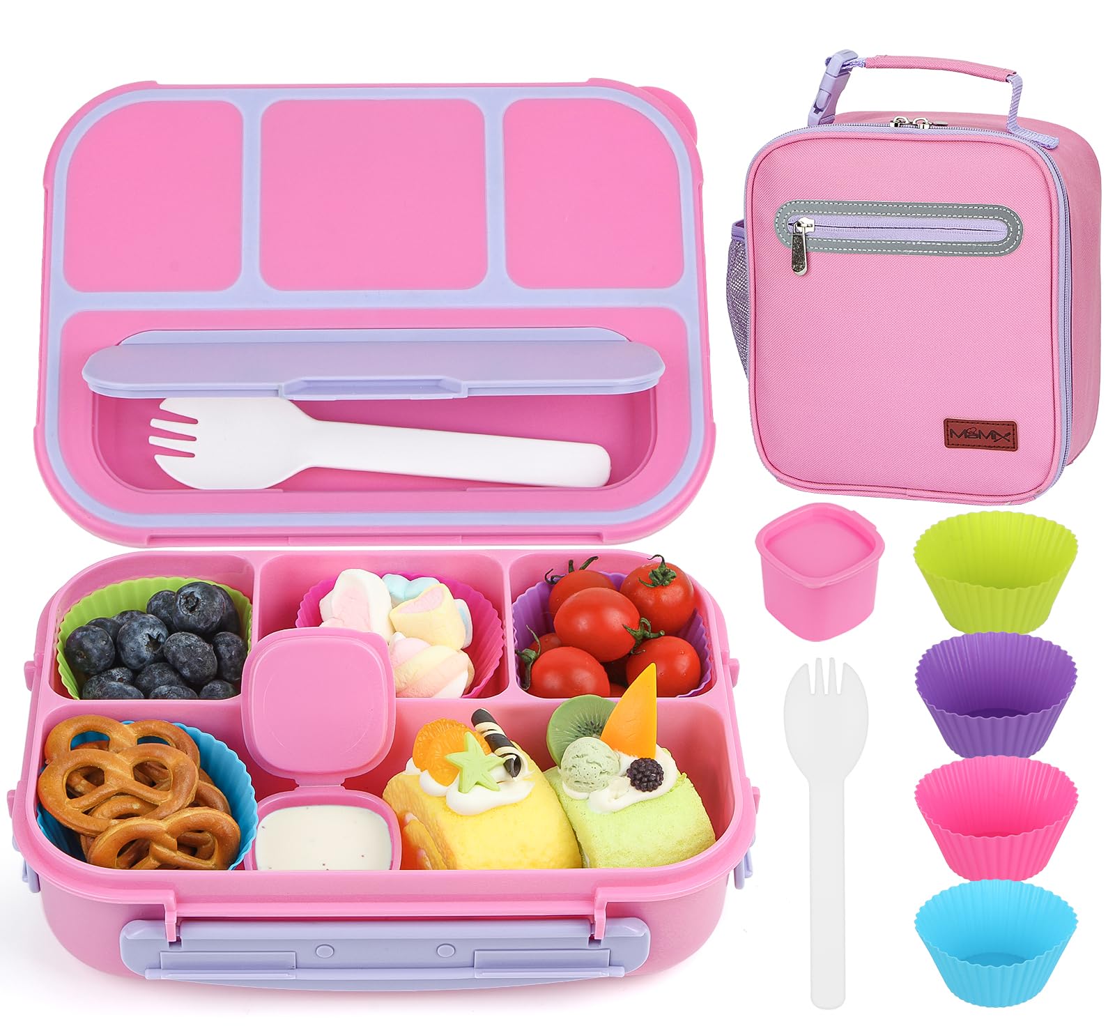 MaMix Bento Box Adult Lunch Box, Lunchable Containers for Kids Adults with 4 Compartments + Lunch Bag, with Utensils, Sauce Jar, Muffin Liners (purple set)