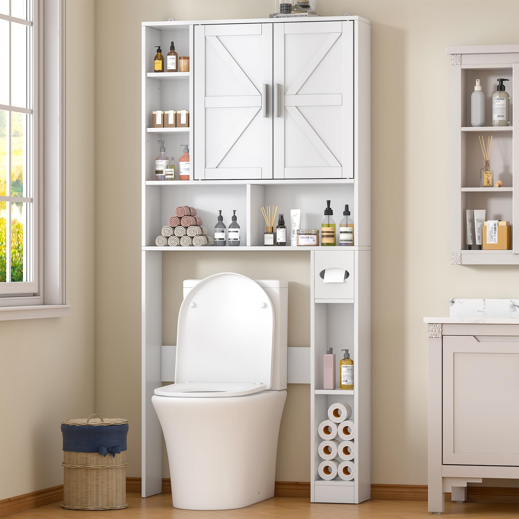 Armadietto alto da bagno con ante e ripiani, salvaspazio, con porta carta igienica, per bagno, lavanderia e bagno, bianco