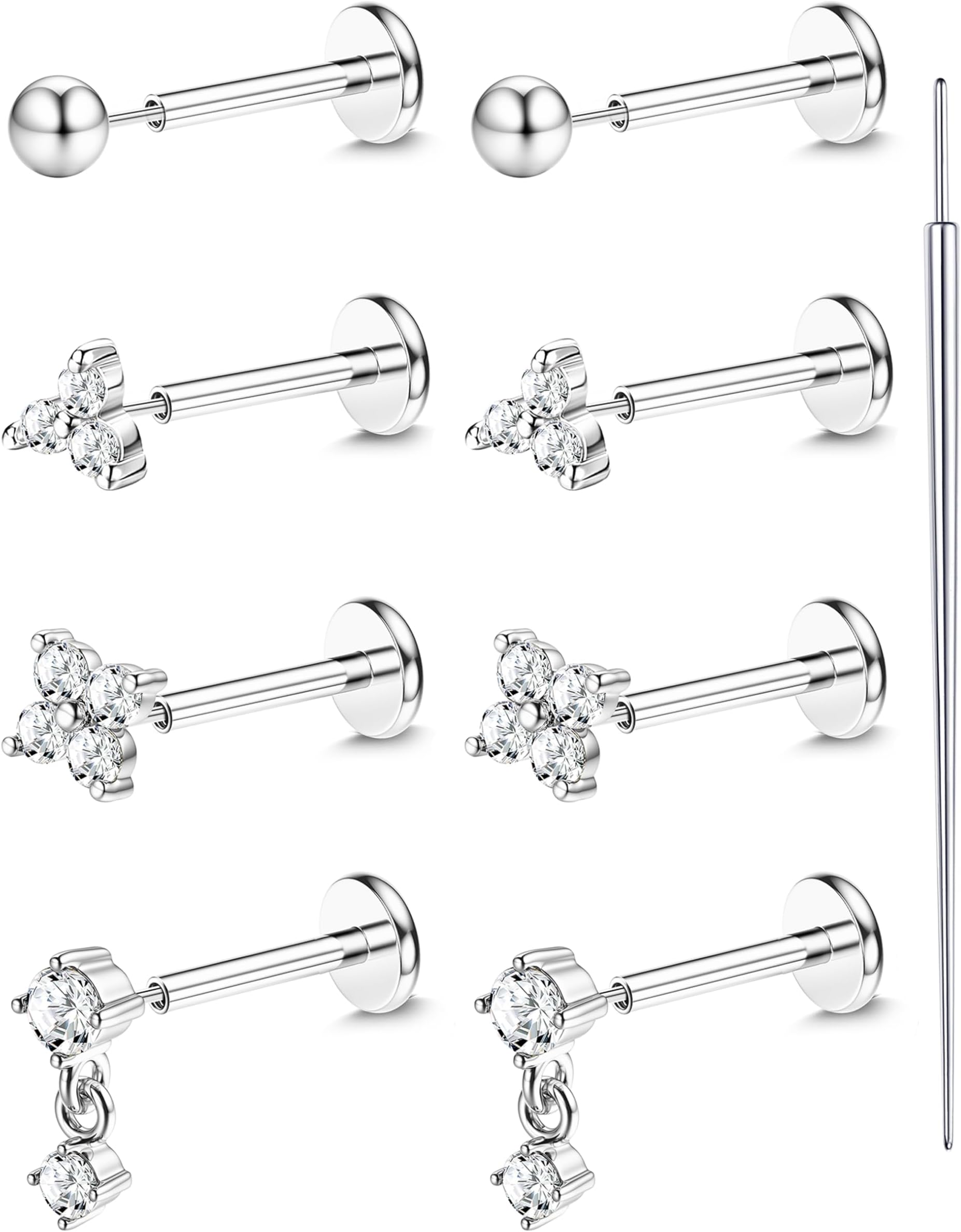 18K Gold Plated Threadless Flat Back Earrings Studs 316L Surgical Steel Push in Nose Studs Rings 20G 18G 16G CZ Tragus Cartilage Helix Conch Lip Labret Medusa Nostril Piercing Jewelry Hypoallergenic