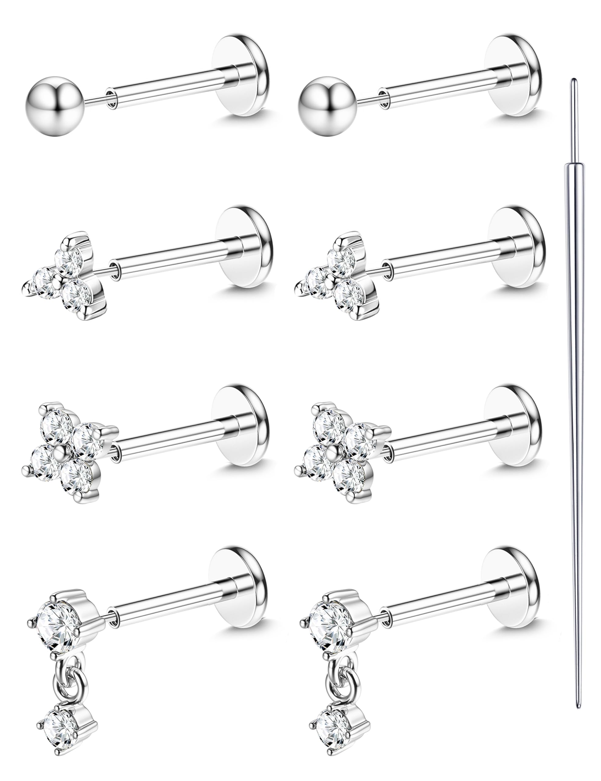 18K Gold Plated Threadless Flat Back Earrings Studs 316L Surgical Steel Push in Nose Studs Rings 20G 18G 16G CZ Tragus Cartilage Helix Conch Lip Labret Medusa Nostril Piercing Jewelry Hypoallergenic