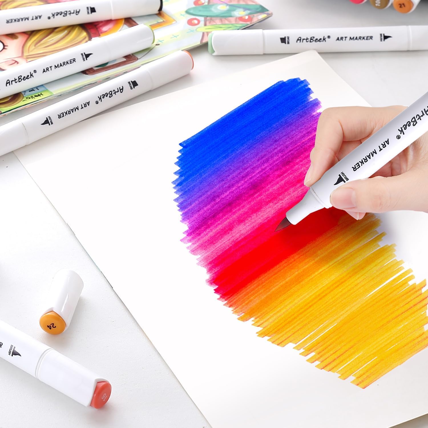 ArtBeek Alcohol Markers Brush Tip, 48 Coloring Markers for Adult Coloring Books No Bleeding with 1 Blender and Case, Dual Tip (Brush & Chisel Tip)