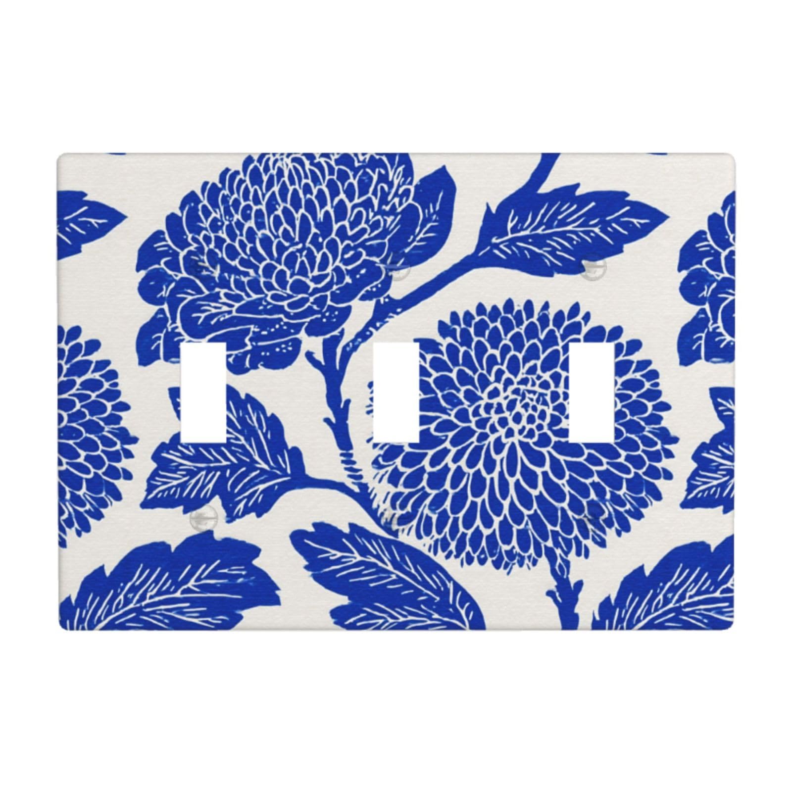 Woshuwo White Linocut Flower Blue Light Switch Covers 3 Gang Triple Toggle Wall Plate Switchplate Electrical Faceplate For Bathroom Kitchen Bedroom Decor