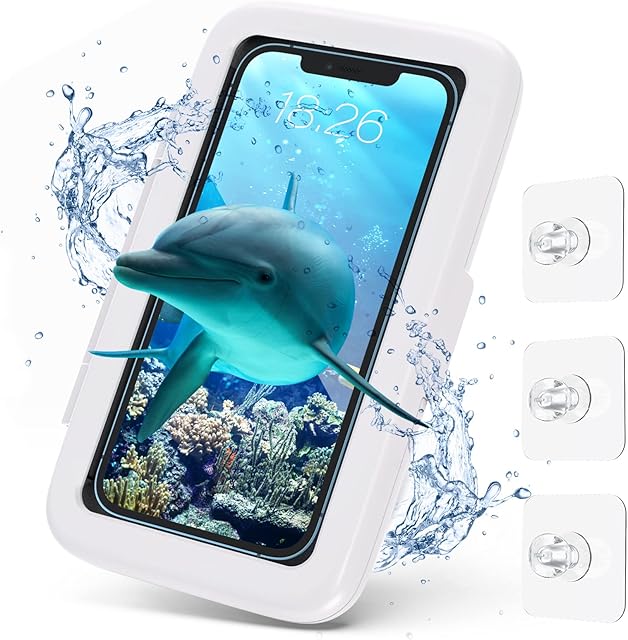 Shower Phone Holder Waterproof Shower Phone Case 480° Rotation, Anti-Fog High Sensitivity Cover Mount Box for Bathroom Wall Mirror Bathtub Kitchen, Compatible with 4" - 7" Cell Phones - White