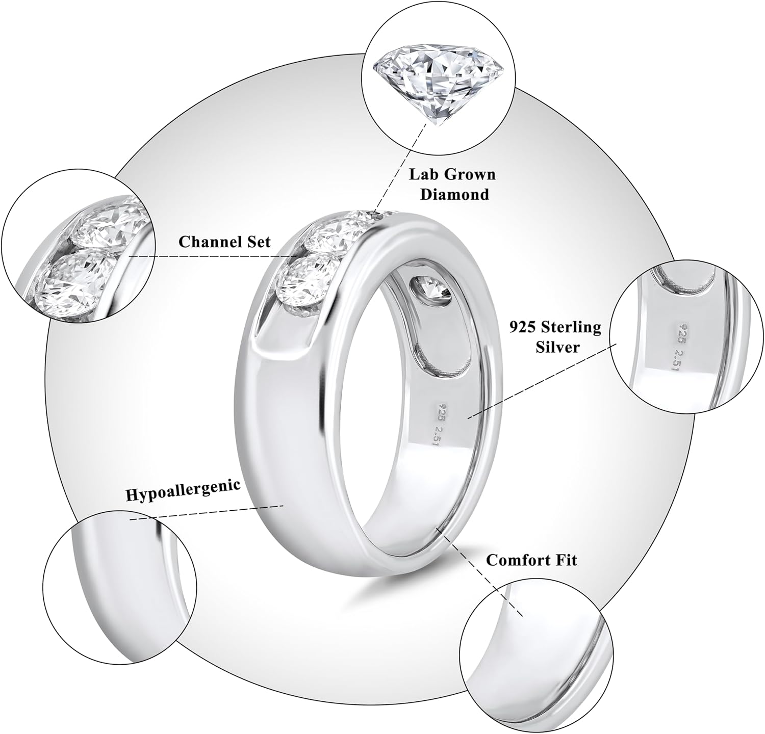 Dewberry Men's 5-stone Anniversary Wedding Band Ring | 925 Sterling Silver Engagement Rings for Men Groom | 2.50 Cttw Round Cut Lab Grown Diamond Promise Ring For Him | 14K White or Yellow Gold Plated Channel Set Wedding Rings FG Color VS Clarity Size 5-14