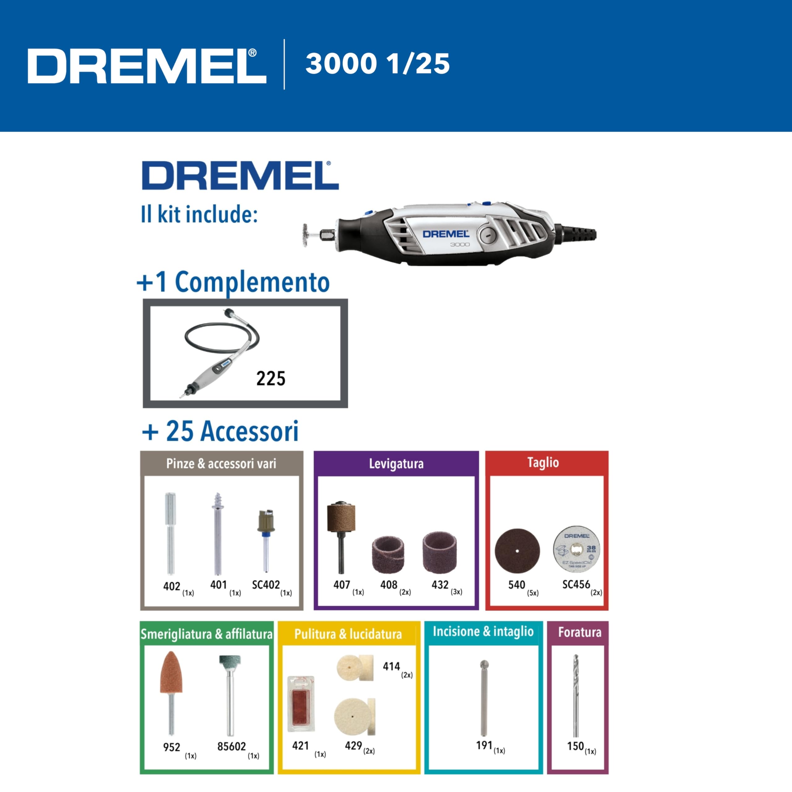 Dremel 3000 Outil Rotatif Multifonction 130W avec 1 Adaptation 25 Accessoires, Vitesse Variable 10000-33000 tr/min pour Découper, Poncer, Percer, Nettoyer, Sculpter, Polir, Graver, Meuler