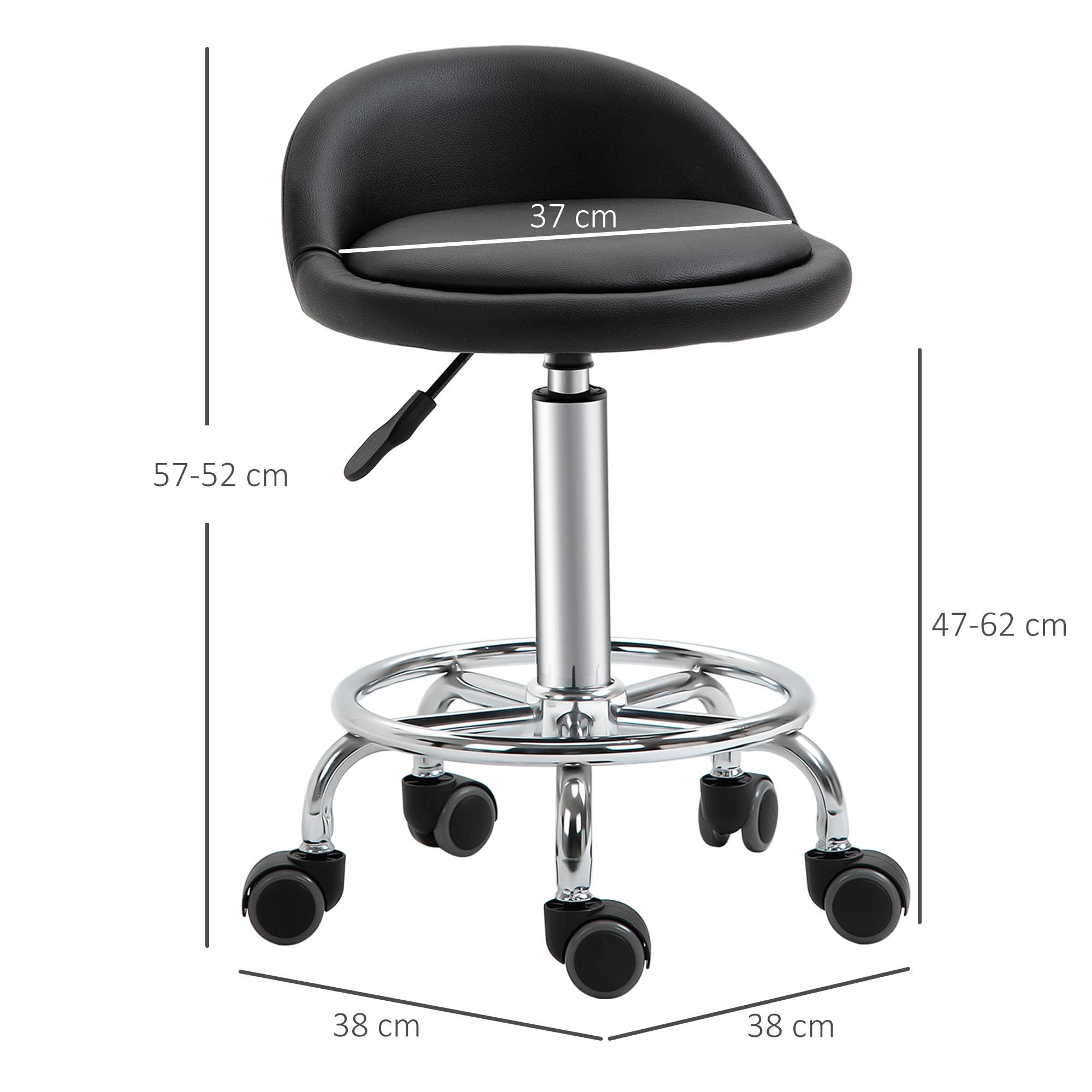 HOMCOM Lot de 2 tabourets à Roulette pivotants 360°, Dossier, Noir | Assise réglable 47-62H cm, revêtement synthétique, acier chromé